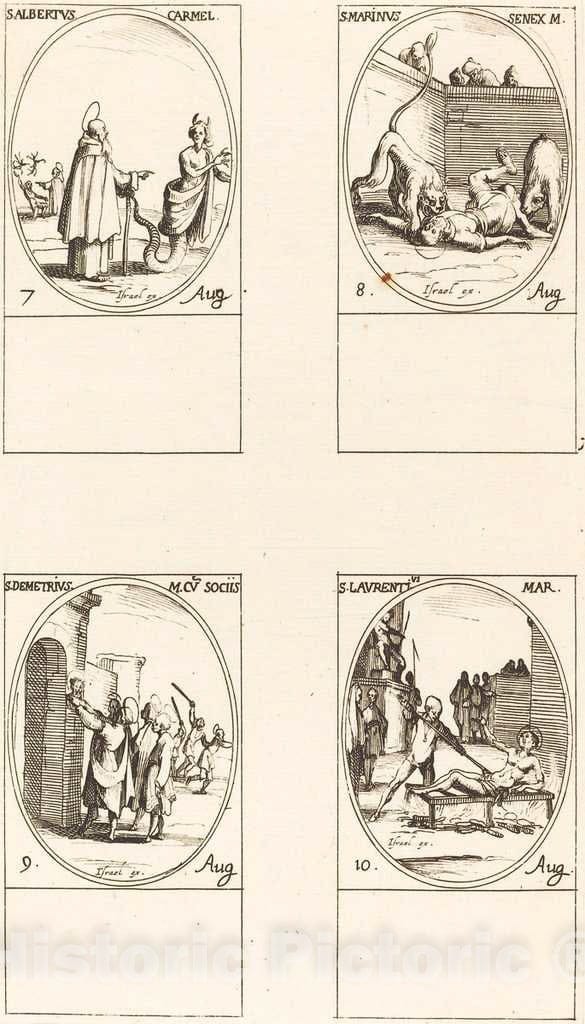Art Print : Jacques Callot, St. Albert of Sicliy, Carmelite; St. Marinus;St. Demetrius and Companions; St. Lauren - Vintage Wall Art