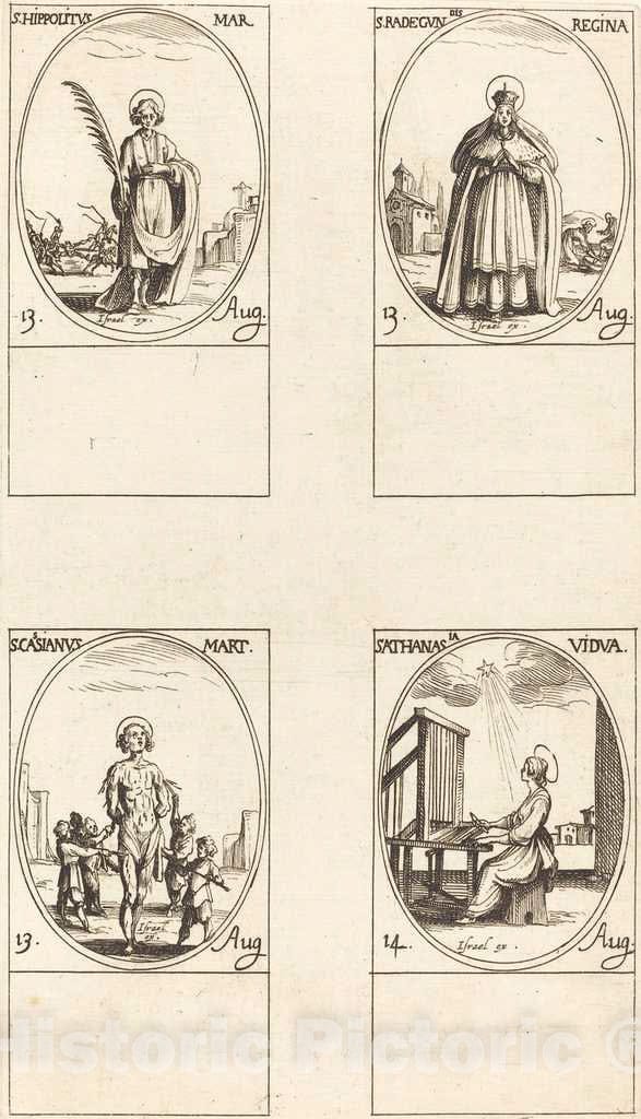 Art Print : Jacques Callot, St. Hippolytus; St. Radegund, Queen; St. Cassian; St. Athanasia - Vintage Wall Art