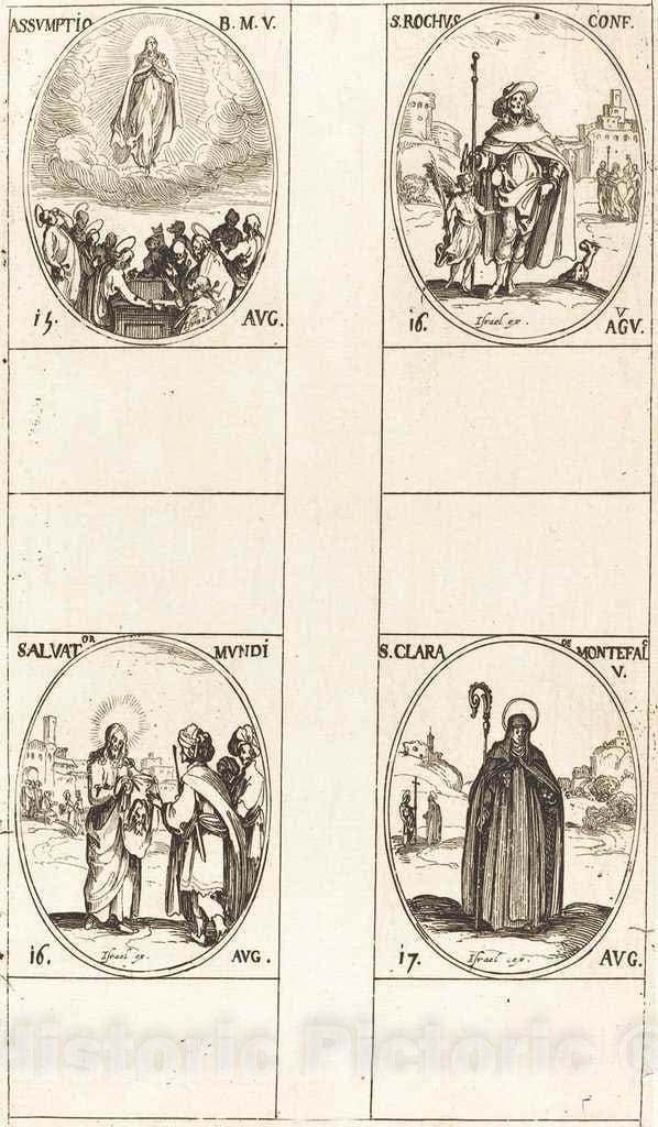 Art Print : Jacques Callot, The Assumption; St. Roch; Salvator Mundi; St. Clare of Monte Falco - Vintage Wall Art