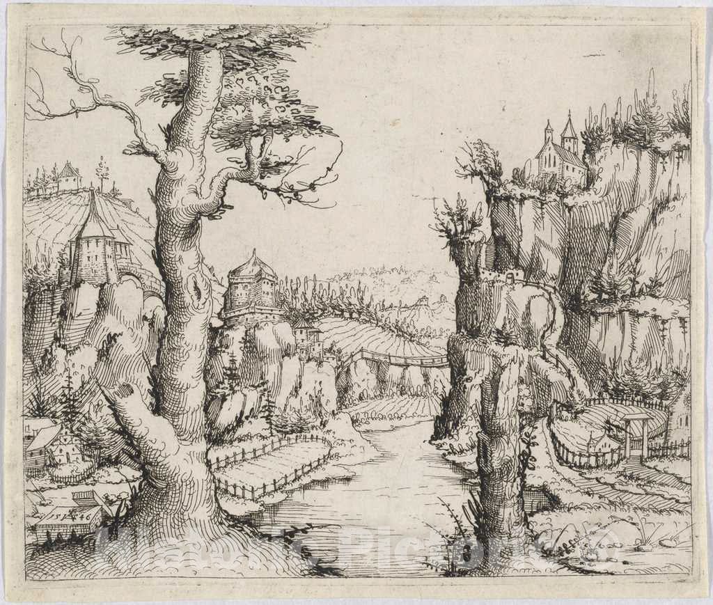 Art Print : Augustin Hirschvogel, River Landscape with High Cliffs, 1546 - Vintage Wall Art