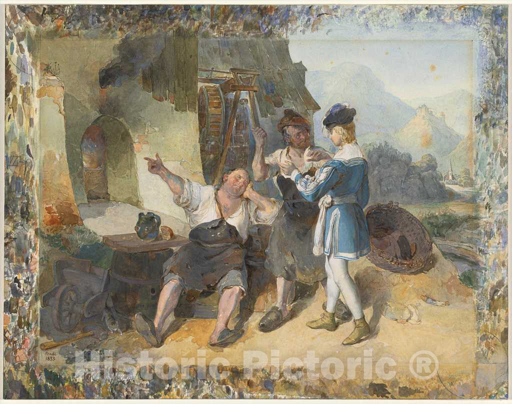 Art Print : Fendi, Fridolin and Two Workmen by The Forge, 1833 - Vintage Wall Art