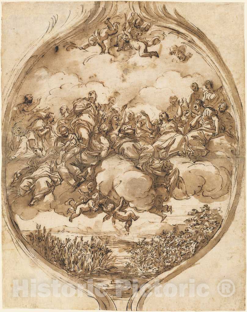 Art Print : Nicola Malinconico, Cloud-Borne Saints Above a Lake, c. 1695 - Vintage Wall Art
