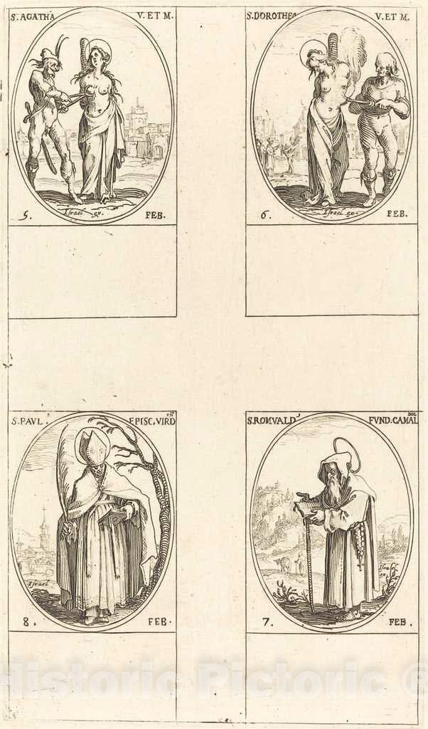 Art Print : Jacques Callot, St. Agatha; St. Dorothy; St. Romuald of Ravenna; St. Paul, Bishop of Verdun - Vintage Wall Art