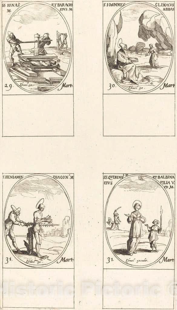 Art Print : Jacques Callot, STS. Jonas & Barachisius; St. John Climacus, Abbot; St. Benjamin; STS. Quirinus & Bal - Vintage Wall Art