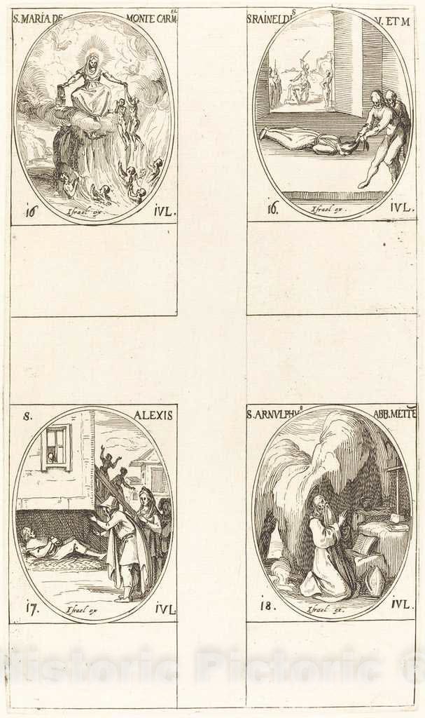 Art Print : Jacques Callot, St. Mary of Mont Carmel; St. Raineldis; St. Alexis; St. Arnold of Metz - Vintage Wall Art