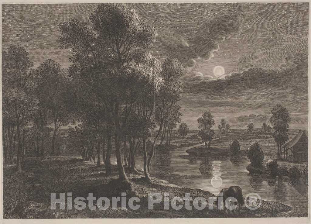 Art Print : Bolswert, After Rubens, Moonlit River Landscape - Vintage Wall Art