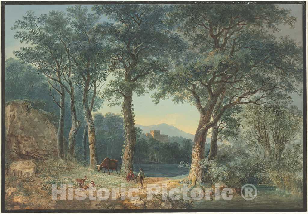 Art Print : Ludwig Hess, A Wooded Lakeside with an Italianate Villa, 1796 - Vintage Wall Art