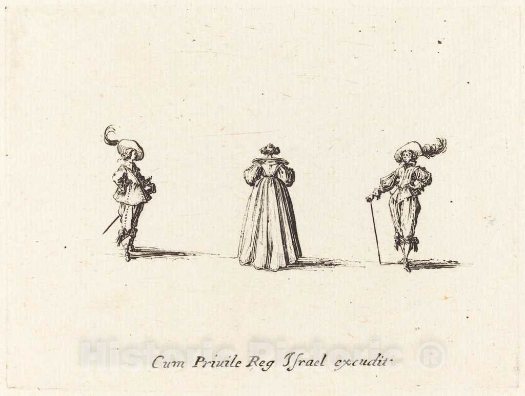 Art Print : Jacques Callot, Lady Seen from Behind, and Two Gentlemen, 1634 - Vintage Wall Art
