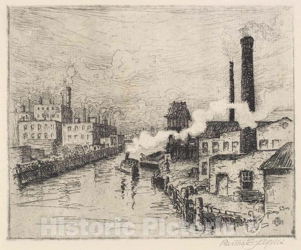 Art Print : Bertha Evelyn Jaques, Factories on The Chicago River, 1904 - Vintage Wall Art