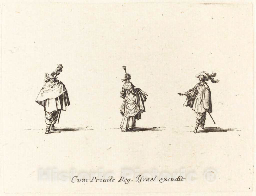 Art Print : Jacques Callot, Lady with Dress Gathered Up, and Two Gentlemen, 1634 - Vintage Wall Art
