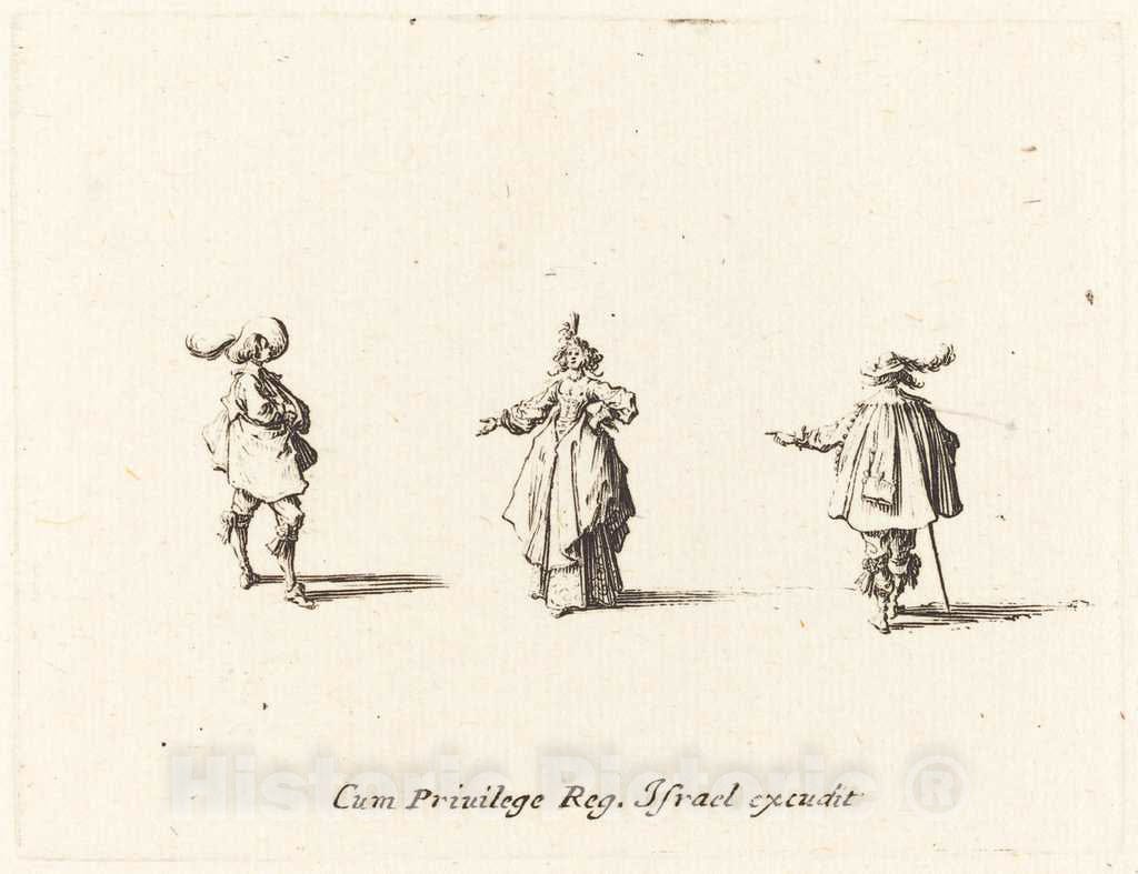 Art Print : Jacques Callot, Lady with Outstretched Arm, and Two Gentlemen, 1634 - Vintage Wall Art
