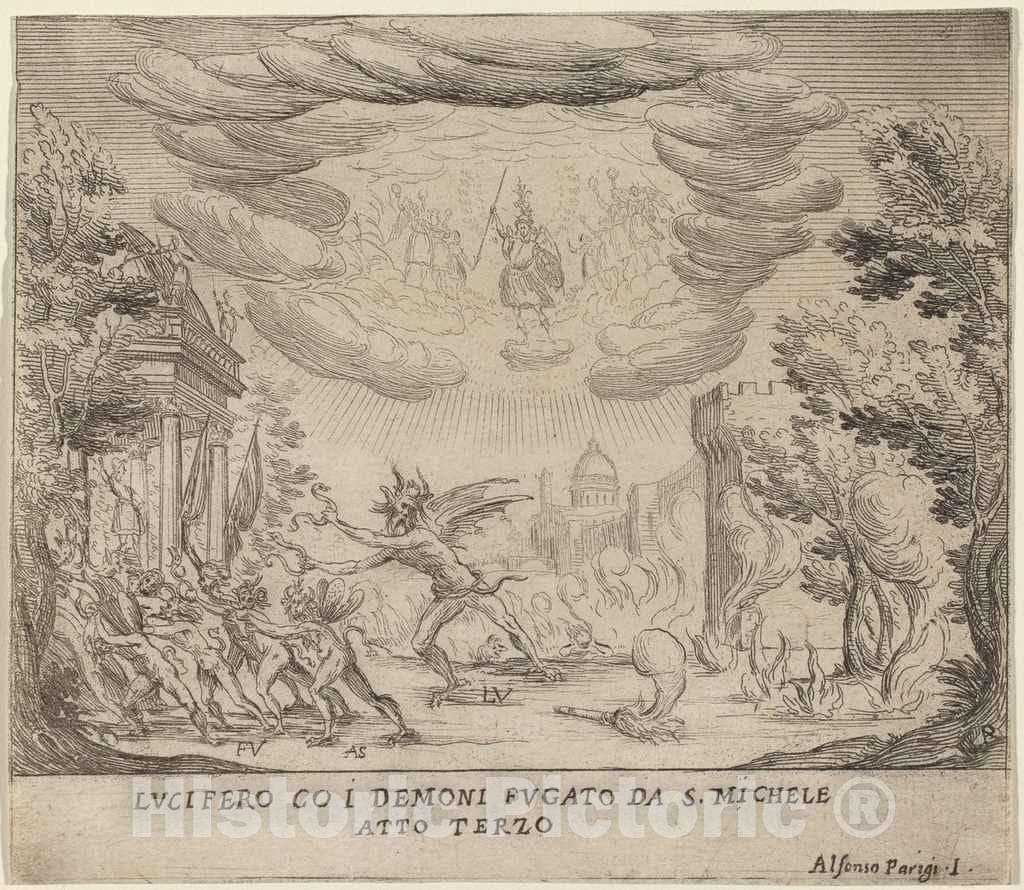 Art Print : Alfonso Parigi II, Lucifer and Demons Fleeing Saint Michael - Vintage Wall Art