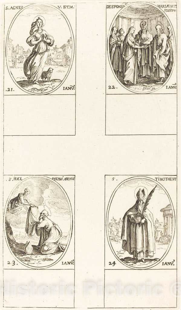 Art Print : Jacques Callot, St. Agnes; The Marriage of The Virgin; St. Ildefonsus; St. Timothy - Vintage Wall Art