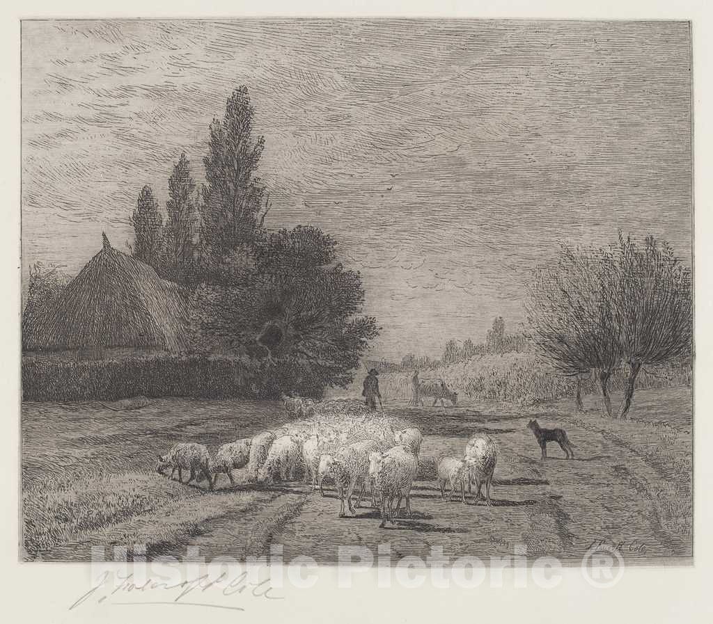 Art Print : Joseph Foxcroft Cole, Village Street in France with a Flock of Sheep, 1866 (Printed 1880) - Vintage Wall Art