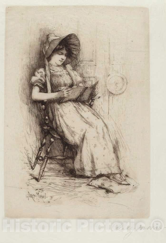 Art Print : Edward Percy Moran, Untitled (Young Girl with Hat, in Chair, Reading), c. 1880s - Vintage Wall Art