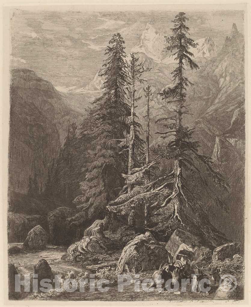 Art Print : Alexandre Calame, Essais de gravure Ã  l'eau Forte par Alexandre Calame, I, pl. 21, 1838 - Vintage Wall Art