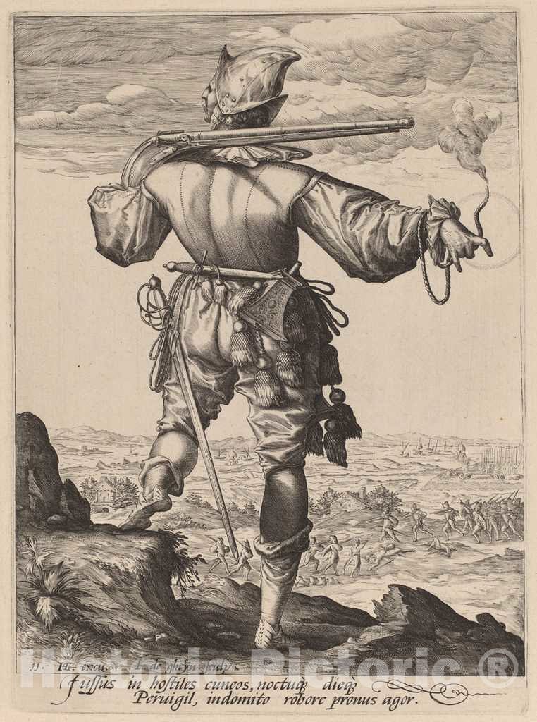 Art Print : Gheyn II After Goltzius, Helmeted Musketeer, 1587 - Vintage Wall Art