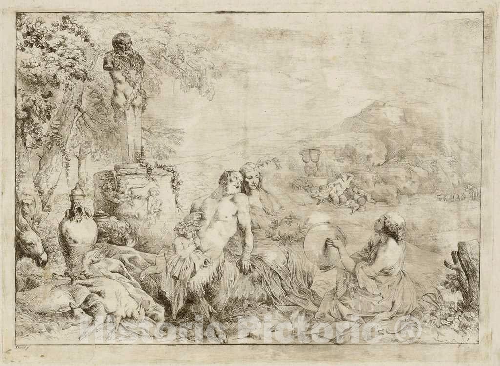 Art Print : Benedetto Castiglione, Landscape with a Satyr Family and Classical Sculpture, c.1776 - Vintage Wall Art