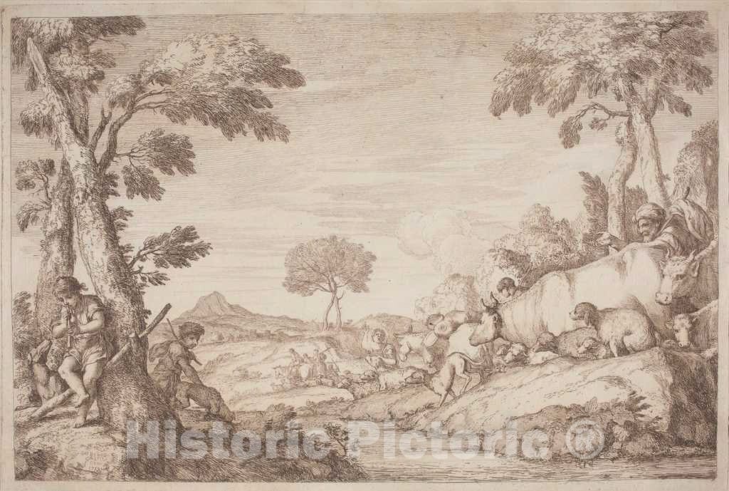 Art Print : Zompini, After Castiglione, A Pastoral Journey with a Boy Playing His Flute by a Tree, 1759 - Vintage Wall Art