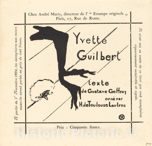 Art Print : Henri de Toulouse-Lautrec, Advertisement for The Album Yvette Guilbert, 1894 - Vintage Wall Art