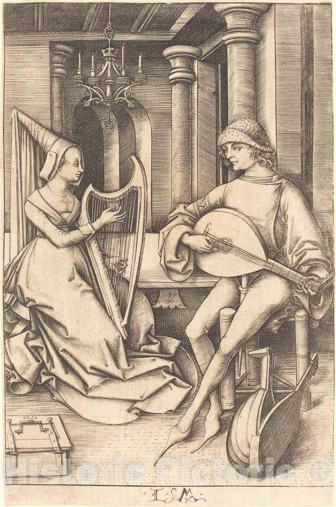 Art Print : Israhel Van Meckenem, The Lute Player and The Harpist, c.1499 - Vintage Wall Art
