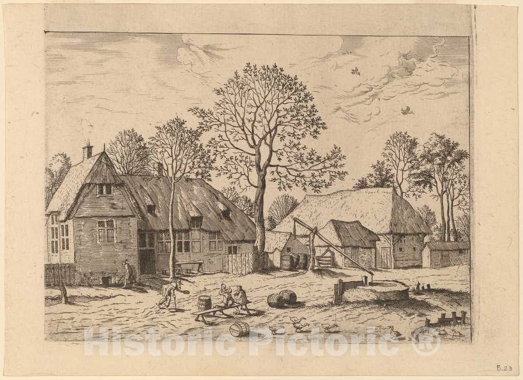 Art Print : Johannes and Lucas Van Doetechum, Farms with Draw Well, c.1560 - Vintage Wall Art