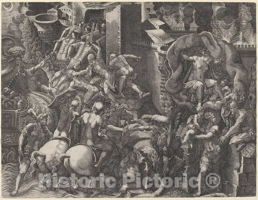 Art Print : Ghisi After Scultori, The Fall of Troy and The Escape of Aeneas, c. 1545 - Vintage Wall Art