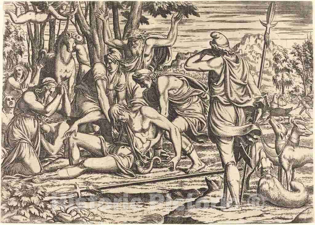 Art Print : LÃ©on Davent After Luca Penni, The Death of Adonis - Vintage Wall Art