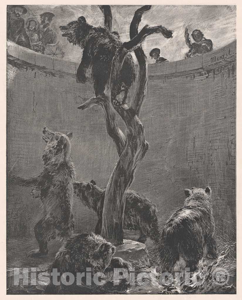 Art Print : Adolph Menzel, Bear Pit in Zoo - Vintage Wall Art
