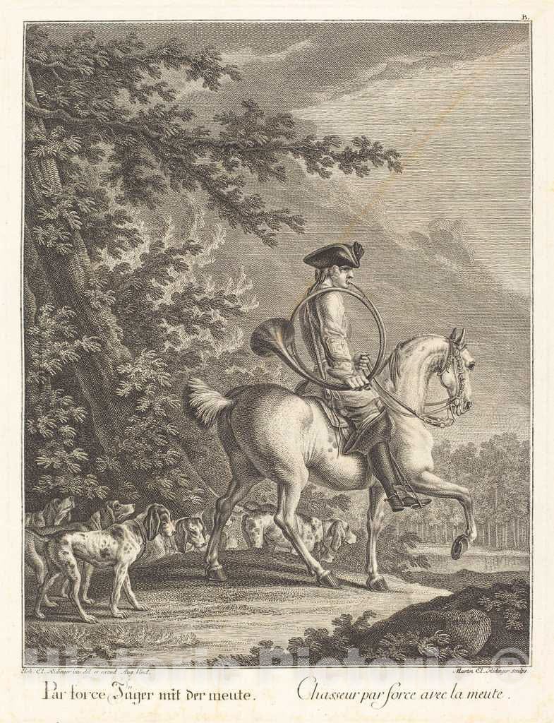 Art Print : Johann Elias Ridinger, Huntsman with a Pack of Hounds - Vintage Wall Art