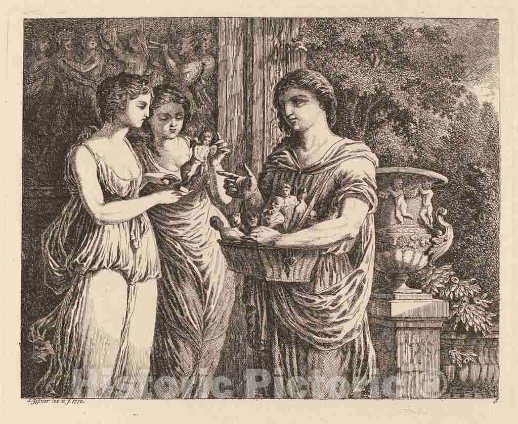 Art Print : Salomon Gessner, Figurine Seller with Two Girls, 1770 - Vintage Wall Art