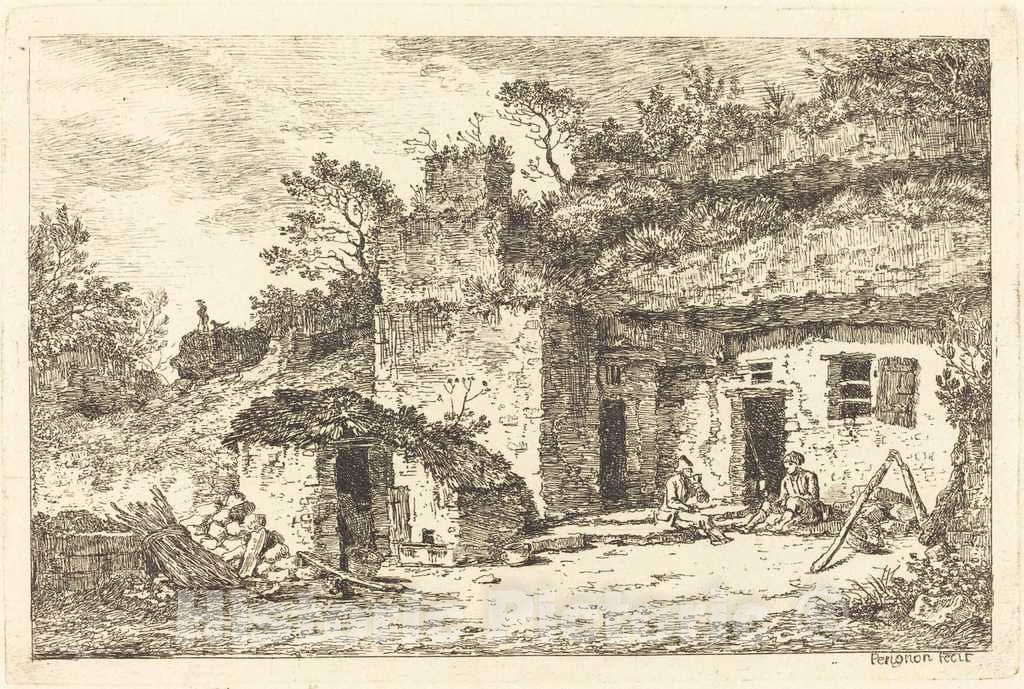 Art Print : Nicolas PÃ©rignon, A Cottage with Two Men Seated at The Doorway, c. 1770 - Vintage Wall Art