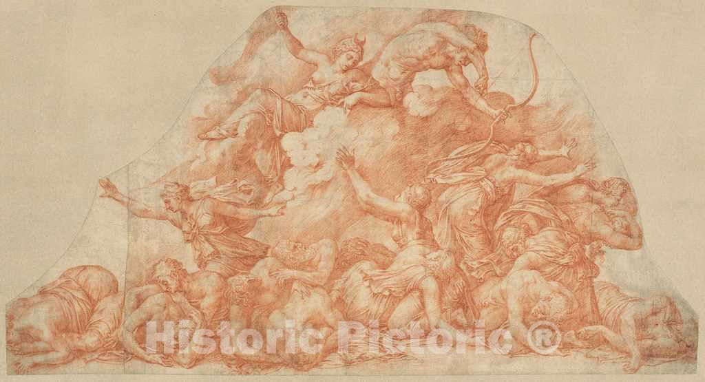 Art Print : Pirro Ligorio, Diana and Apollo Slaughtering The Children of Niobe, c. 1550 - Vintage Wall Art