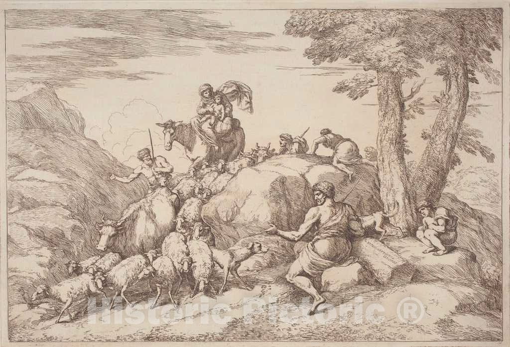 Art Print : Zompini, After Castiglione, A Pastoral Journey with a Mother and Child on Horesback and an Elderly Shepherd Seated, c.1759 - Vintage Wall Art