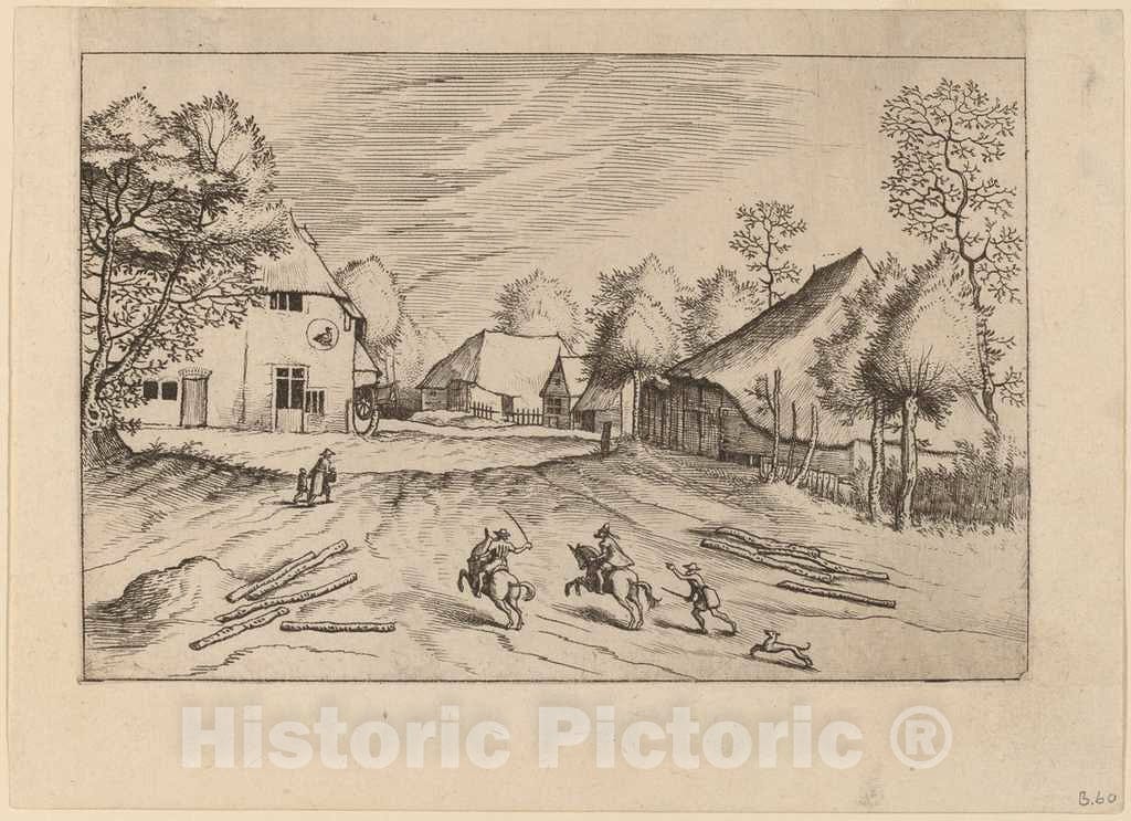 Art Print : Doetechum, The Swann's Inn with Farms, c.1560 - Vintage Wall Art