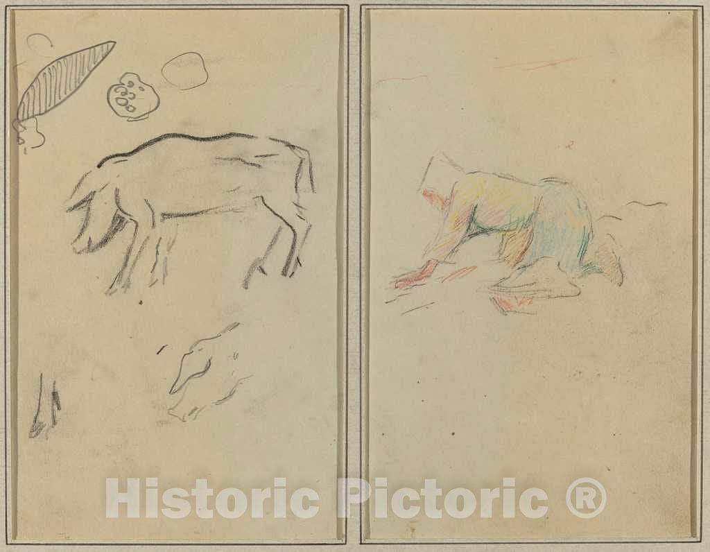 Art Print : Paul Gauguin, A Pig; Breton Peasant Kneeling [Verso], 1884-1888 - Vintage Wall Art