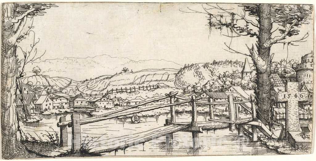 Art Print : Augustin Hirschvogel, River Landscape with a Footbridge, 1546 - Vintage Wall Art