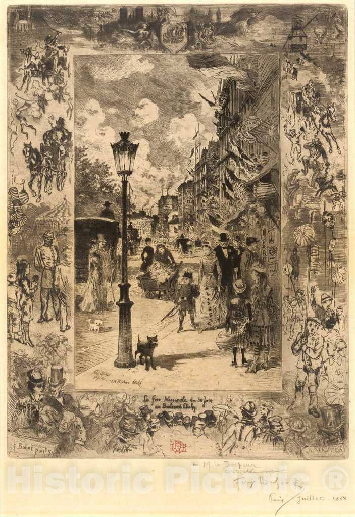 Art Print : FÃ©lix-Hilaire Buhot, La FÃªte Nationale au Boulevard Clichy (National Holiday on The Boulevard de Clichy), 1878 - Vintage Wall Art