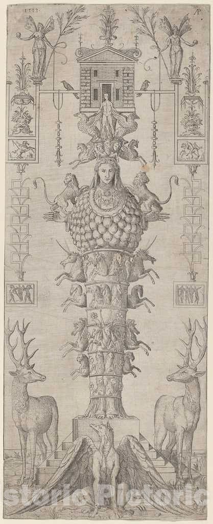 Art Print : A Grotesque with Diana of Ephesus and Diverse Animals, 1555 - Vintage Wall Art