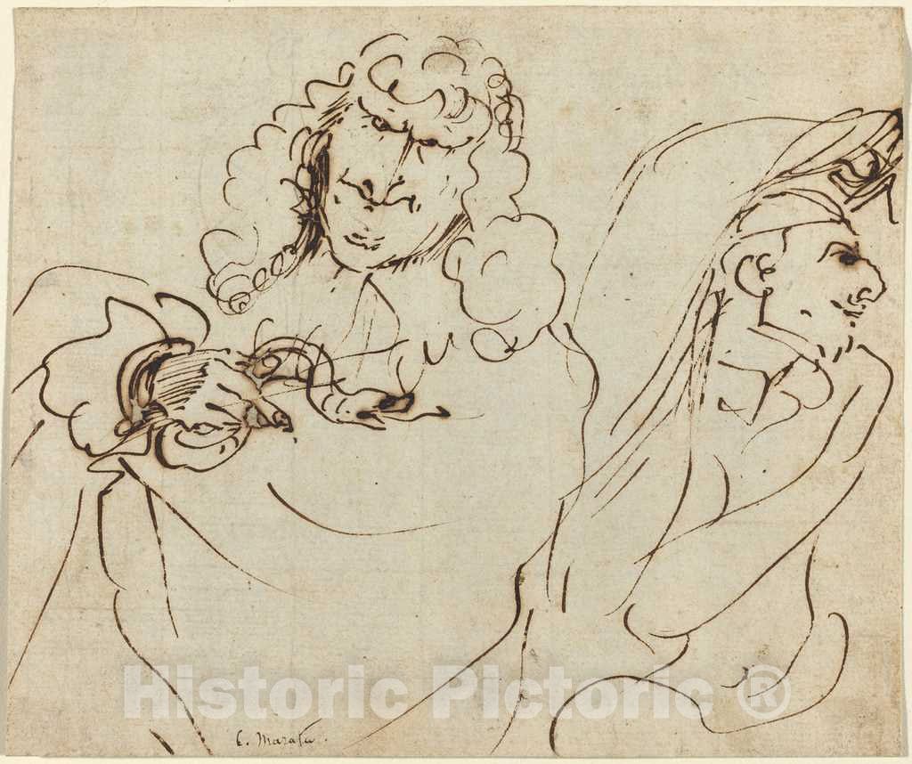 Art Print : Pier Francesco Mola, Caricature with Mola Protecting Himself from a Man Holding a Viper - Vintage Wall Art