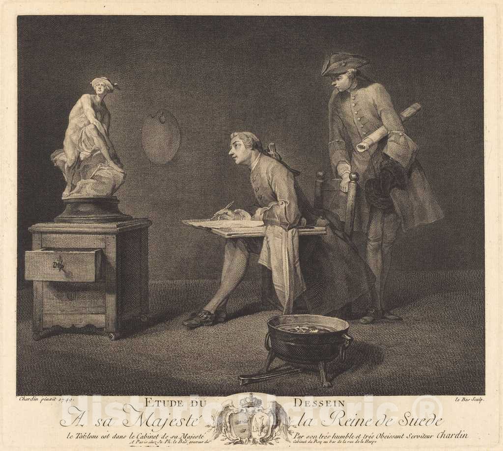 Art Print : Jacques-Le Bas After Chardin, Etude du Dessin, 1757 - Vintage Wall Art
