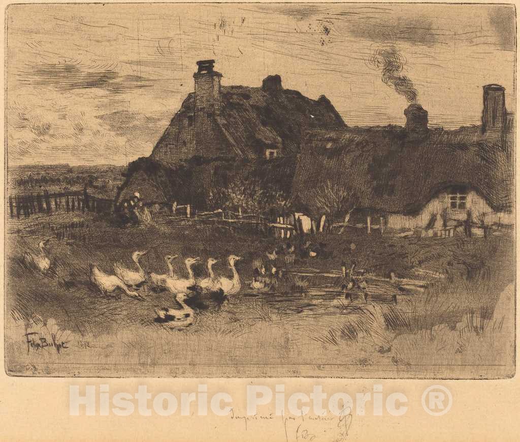 Art Print : FÃ©lix-Hilaire Buhot, Les Petites ChaumiÃ¨res (Thatched Cottages-Small Plate), 1878 - Vintage Wall Art