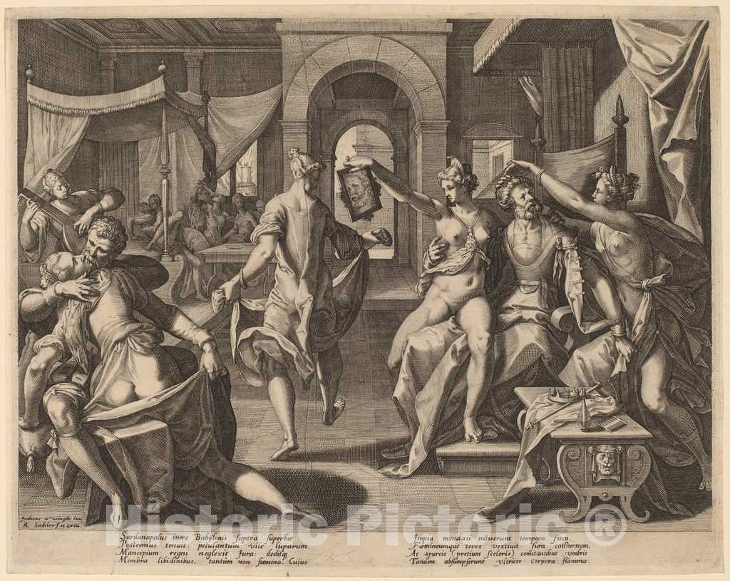 Art Print : Sadeler I After Winghe, Sardanapalus Among The Concubines, 1589 - Vintage Wall Art