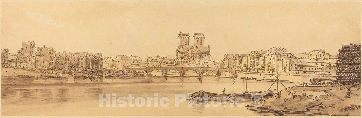 Art Print : Thomas Girtin, View of Pont de la Tournelle and Notre Dame Taken from The Arsnel: pl.11, 1802 - Vintage Wall Art