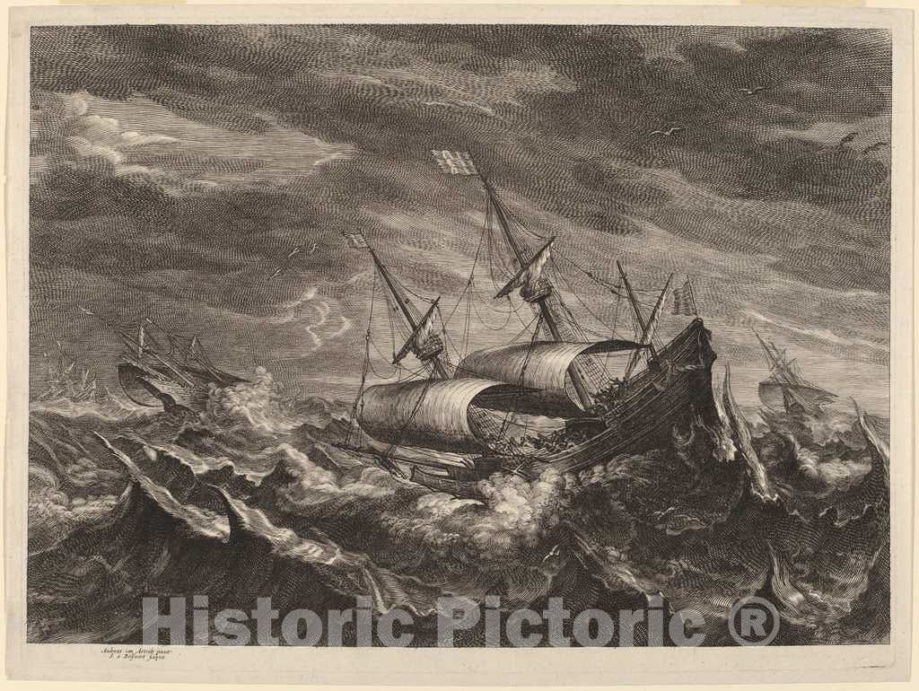 Art Print : Bolswert After Eertvelt, Sailing Boats in a Tempest, c. 1638 - Vintage Wall Art