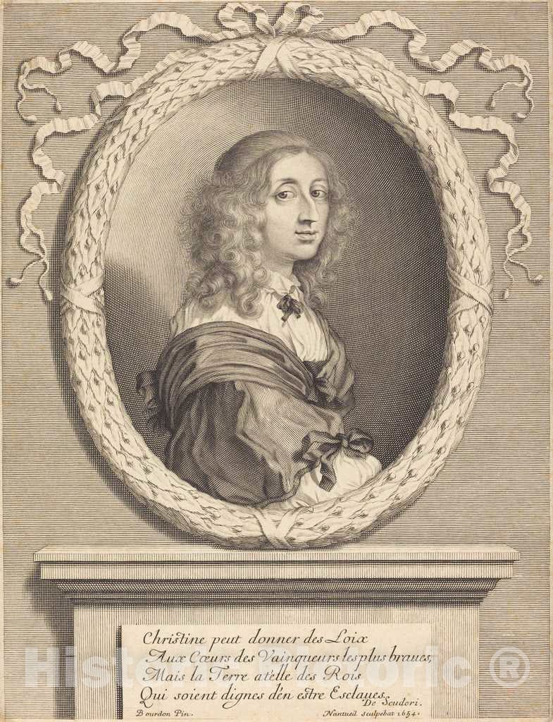 Art Print : Nanteuil After Bourdon, Christina, Queen of Sweden, 1654 - Vintage Wall Art