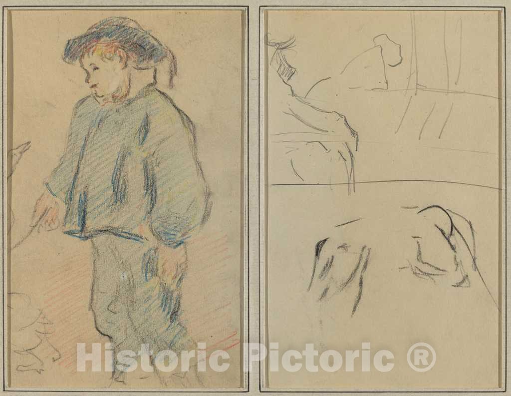 Art Print : Paul Gauguin, Breton Boy Tending Geese; Cows and a Figure Leaning on a Ledge [Verso], 1884-1888 - Vintage Wall Art