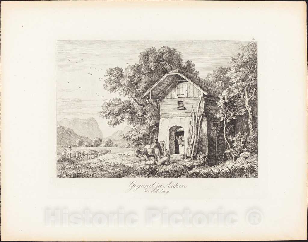 Art Print : Ludwig Richter, Gegend bei Aichen bei Salzburg (The Region Near Aichen Near Salzburg), 1830 - Vintage Wall Art