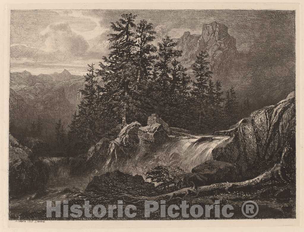 Art Print : Alexandre Calame, Mountain Waterfall, 1845 - Vintage Wall Art