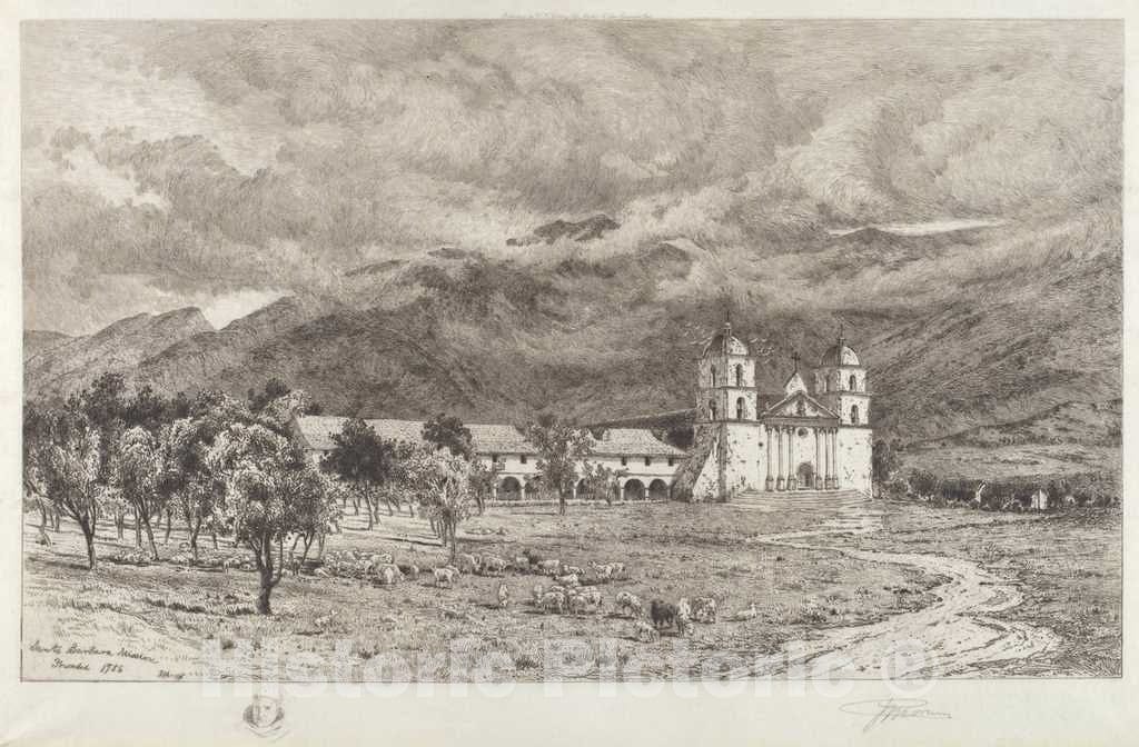 Art Print : Peter Moran, Santa Barbara Mission, 1886 - Vintage Wall Art